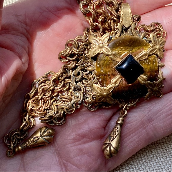 VTG Jan Michaels Tigers Eye & Black Onyx Pendant Necklace on Long Chain - Picture 9 of 10
